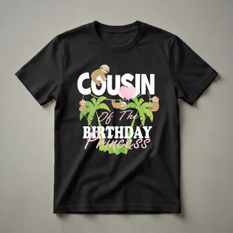 Cousin of the Birthday Princess Sloth Graphic T-Shirt for Girls
