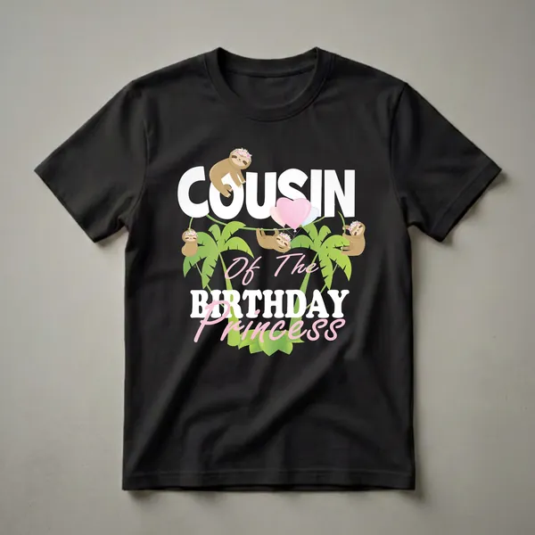 White graphic t-shirt with the words 'COUSIN OF THE BIRTHDAY PRINCESS' in white and pink lettering, featuring sloths, palm leaves, and balloons.