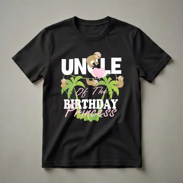 Black t-shirt with white text reading "UNCLE" and pink script text reading "Of The Birthday Princess", featuring cartoon sloths hanging from vines with floral crowns, palm leaves, and heart-shaped balloons.