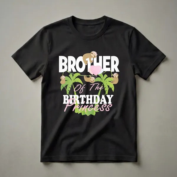 Black t-shirt featuring the text 'BROTHER OF THE BIRTHDAY PRINCESS' with cartoon sloths hanging from vines, palm leaves, and heart-shaped balloons.
