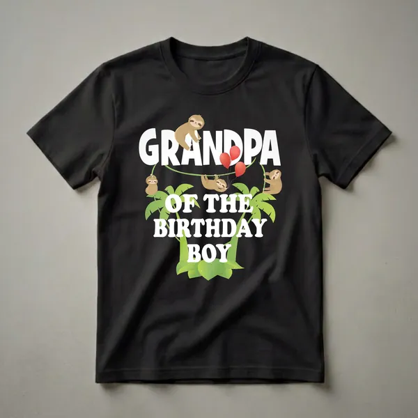 Black t-shirt with white text "GRANDPA OF THE BIRTHDAY BOY" surrounded by cartoon sloths, red balloons, and green palm leaves and vines.