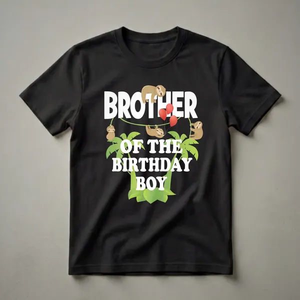 Black t-shirt with white text 'BROTHER OF THE BIRTHDAY BOY' featuring cartoon sloths hanging from vines, red balloons, and green palm leaves.