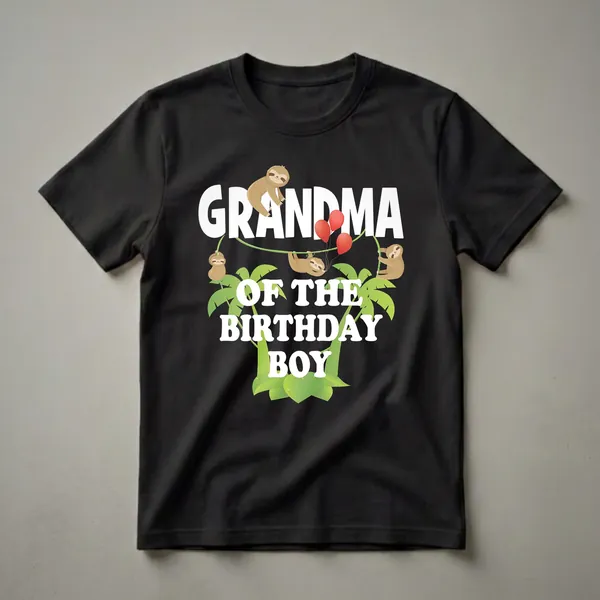 Black t-shirt with white text 'GRANDMA OF THE BIRTHDAY BOY' surrounded by cartoon sloths, red balloons, and green palm leaves.