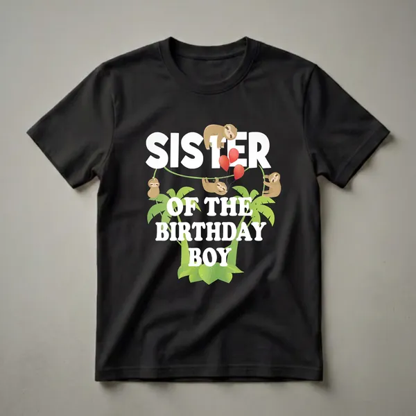 White text reads 'Sister Of The Birthday Boy' with cartoon sloths hanging from vines, red balloons, and green palm leaves on a black t-shirt.