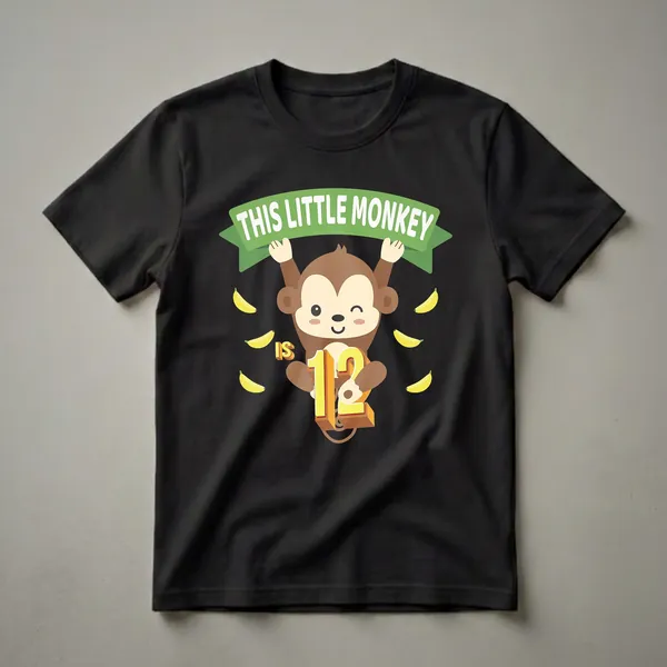 A black t-shirt featuring a cartoon monkey hanging from a green banner that reads 'THIS LITTLE MONKEY', with bananas scattered around and the number '12' prominently displayed.