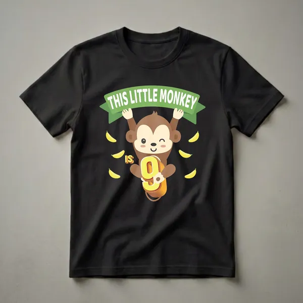 A black t-shirt graphic featuring a cartoon monkey hanging from a green banner that says 'THIS LITTLE MONKEY', holding the number '9', with bananas scattered around.