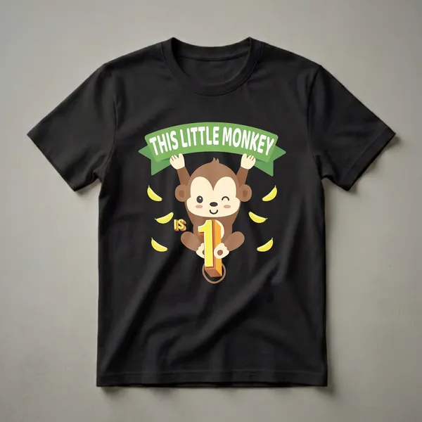 A black t-shirt featuring a cartoon monkey hanging from a green banner that says 'THIS LITTLE MONKEY', with bananas and the number '1' displayed.