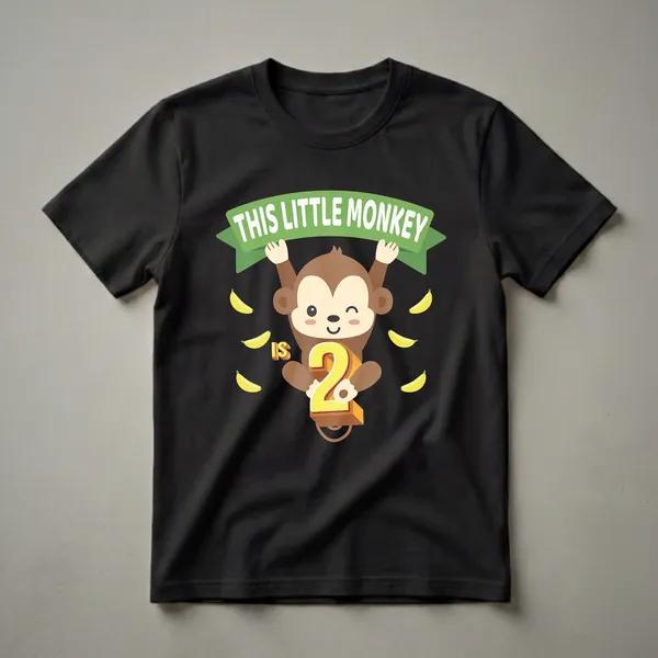 Black t-shirt featuring a cartoon monkey hanging from a green banner that reads 'THIS LITTLE MONKEY', holding a large yellow number '2', with bananas scattered around.