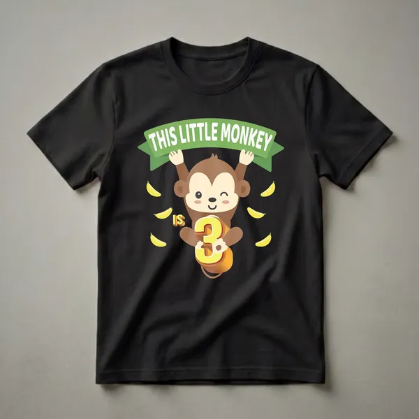 A black t-shirt graphic featuring a cartoon monkey hanging from a green banner that says 'THIS LITTLE MONKEY', with a large yellow '3' and several bananas.