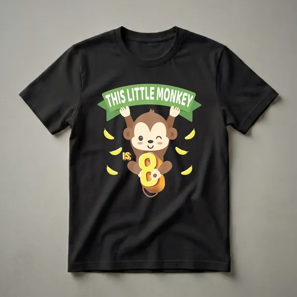 Black t-shirt featuring a cartoon monkey hanging from a green banner that says 'THIS LITTLE MONKEY', holding the number '8' and surrounded by bananas.