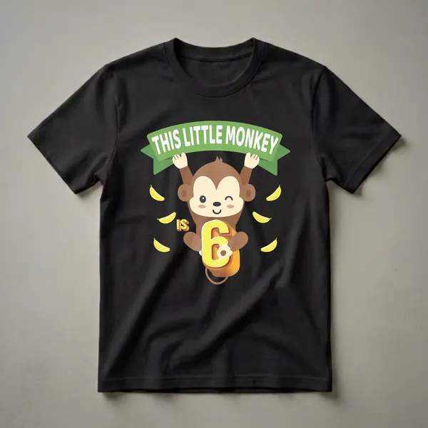 A black t-shirt featuring a cartoon monkey hanging from a green banner that reads 'THIS LITTLE MONKEY', with the number '6' held by the monkey and several yellow bananas scattered around.