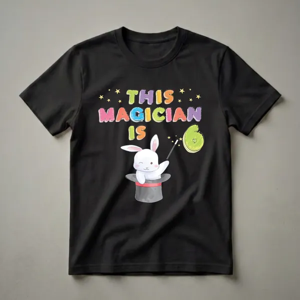 Black t-shirt with colorful text 'THIS MAGICIAN IS 6' and a cartoon white rabbit in a magician's hat holding a wand with a large green number 6.
