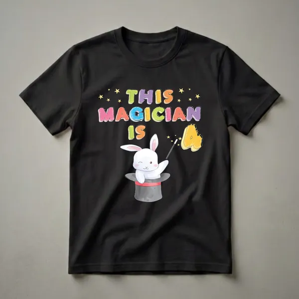 Black t-shirt featuring colorful text that reads 'THIS MAGICIAN IS 4' above a watercolor illustration of a white rabbit in a top hat holding a magic wand, with yellow stars scattered around.