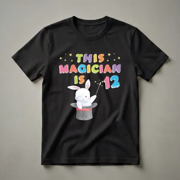 Black t-shirt with colorful text 'THIS MAGICIAN IS 12' and a watercolor illustration of a white rabbit in a magician's hat holding a wand, surrounded by yellow stars.