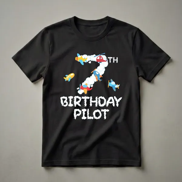 Black t-shirt with a "7th Birthday Pilot" graphic featuring a large cloud number 7, airplanes, and a helicopter.