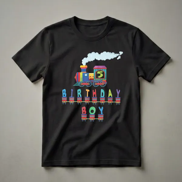 A black t-shirt featuring a colorful cartoon train graphic with the number 5 and the words 'BIRTHDAY BOY' spelled out in train cars.