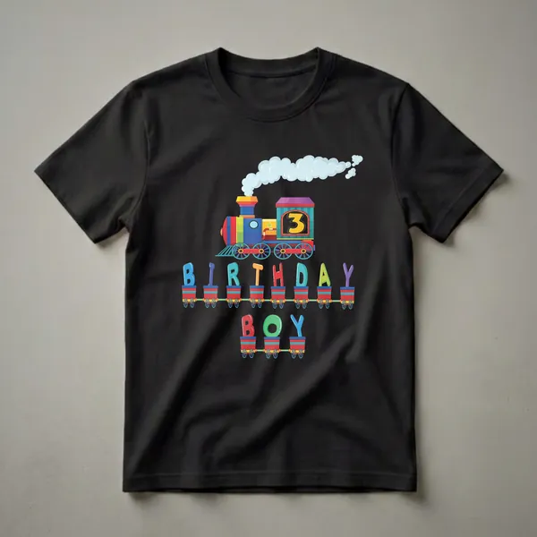 A black t-shirt featuring a colorful cartoon train engine with a large yellow number 3 on its side, followed by train cars spelling 'BIRTHDAY BOY' in colorful letters.