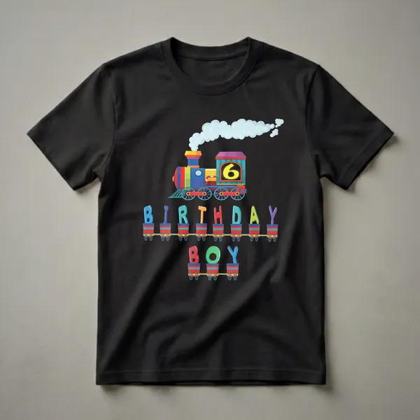 A black t-shirt featuring a colorful cartoon train with a yellow number 6, and train cars spelling 'BIRTHDAY BOY' in bright letters.