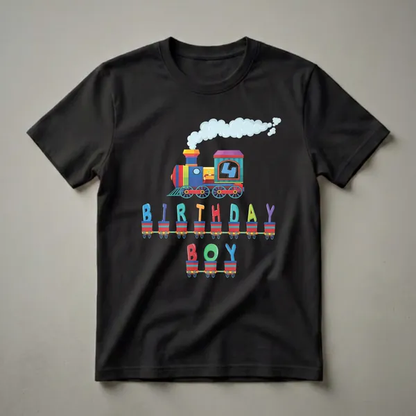 A black t-shirt featuring a colorful cartoon train engine with the number 4, followed by train cars spelling 'BIRTHDAY BOY' in bright letters.