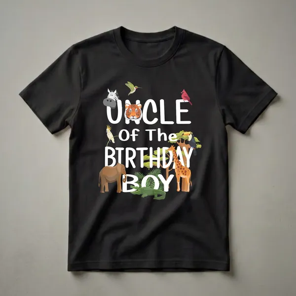Black t-shirt with white text 'UNCLE OF THE BIRTHDAY BOY' surrounded by cartoon jungle animals like a zebra, tiger, elephant, giraffe, and toucan, along with green foliage.