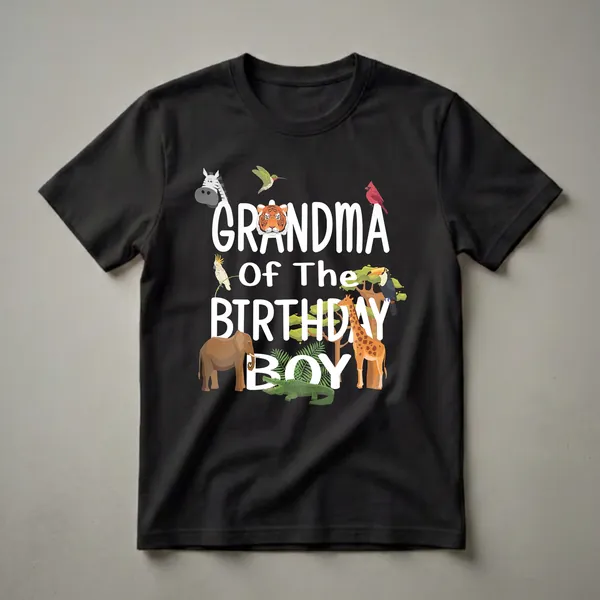 Black t-shirt with white text 'Grandma Of The Birthday Boy' surrounded by cartoon jungle animals including a tiger, zebra, elephant, giraffe, toucan, crocodile, cockatoo, hummingbird, and cardinal.