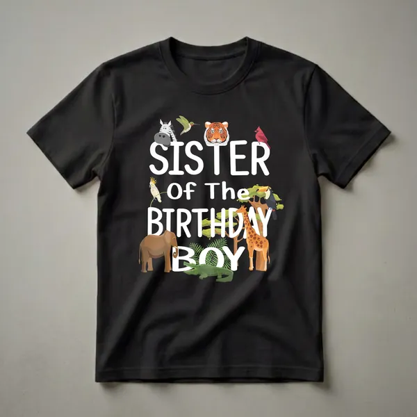 Black t-shirt with white text 'SISTER OF THE BIRTHDAY BOY' surrounded by cartoon zoo animals including a zebra, tiger, elephant, giraffe, crocodile, toucan, cockatoo, hummingbird, and cardinal, with green foliage.