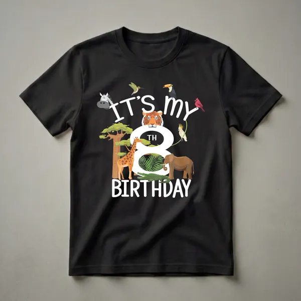 Black t-shirt with white text 'IT'S MY 8TH BIRTHDAY' surrounded by various cartoon zoo animals including a zebra, hummingbird, toucan, cardinal, tiger, cockatoo, giraffe, elephant, crocodile, and a baobab tree.