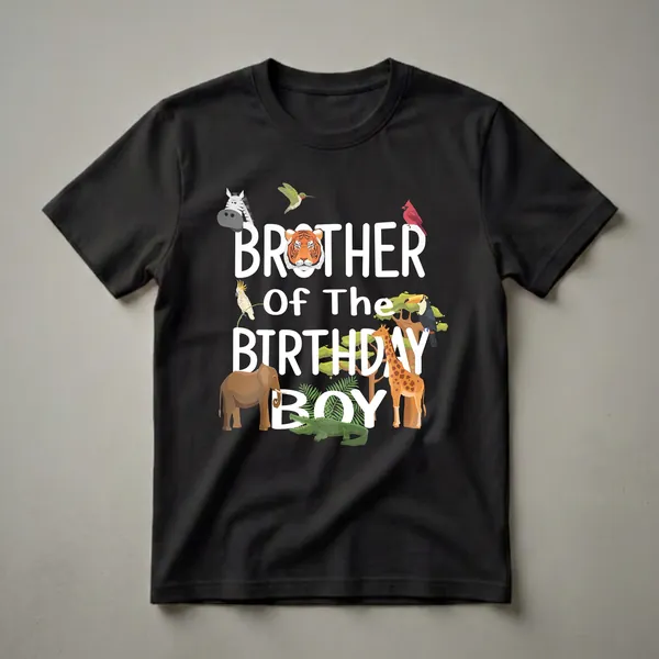 Black t-shirt with white text 'Brother Of The Birthday Boy' surrounded by cartoon jungle animals including a tiger, zebra, elephant, giraffe, crocodile, toucan, cockatoo, cardinal, and hummingbird.