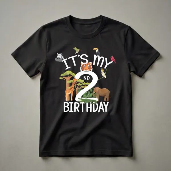 Black t-shirt with white text 'IT'S MY BIRTHDAY' and a large white '2' with 'ND' inside, surrounded by cartoon zoo animals including a tiger, giraffe, elephant, crocodile, and zebra.