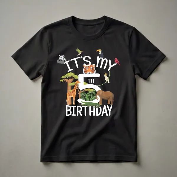 Black t-shirt with white text 'IT'S MY 5TH BIRTHDAY' surrounded by various cartoon zoo animals including a giraffe, elephant, tiger, zebra, toucan, cockatoo, hummingbird, cardinal, and alligator.