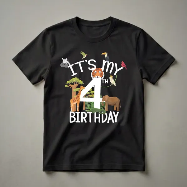 Black t-shirt with white text 'IT'S MY BIRTHDAY' and a large white number '4', surrounded by cartoon zoo animals like a tiger, giraffe, elephant, alligator, zebra, toucan, and cockatoo.