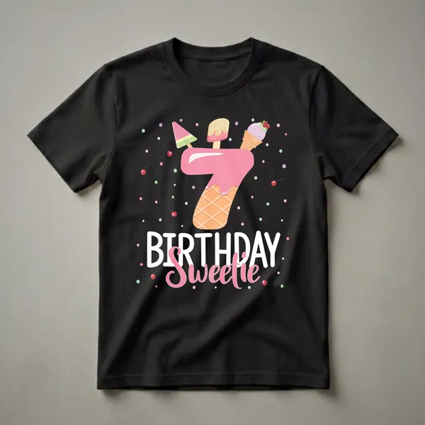 Black t-shirt featuring a large pink number 7 decorated with ice cream cones, popsicles, cherries, and sprinkles, with the words 'BIRTHDAY Sweetie' below.