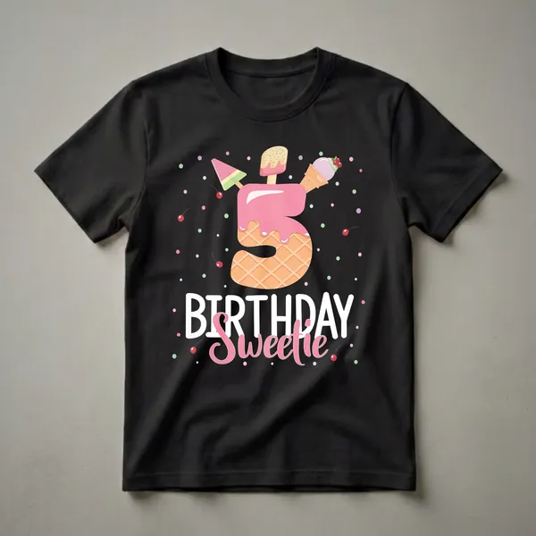 Black t-shirt featuring a large number 5 designed as a waffle cone with pink frosting, topped with ice cream and popsicles, surrounded by confetti and cherries, with 'BIRTHDAY Sweetie' text below.