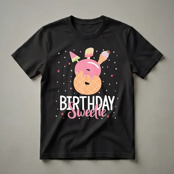 Black t-shirt featuring a large waffle cone number 8 topped with pink ice cream and popsicles, with the words 'Birthday Sweetie' below, surrounded by colorful polka dots and cherries.