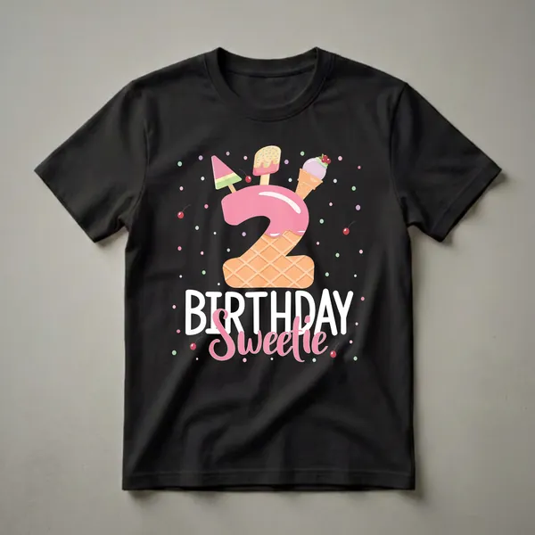 Black t-shirt featuring a large pink number '2' designed like an ice cream cone, topped with various ice cream treats and surrounded by colorful polka dots and cherries, with 'BIRTHDAY Sweetie' text below.