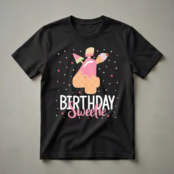 Black t-shirt featuring a cartoon graphic of the number 4 designed as an ice cream cone and waffle, adorned with popsicles, cherries, and colorful dots, with the text "BIRTHDAY Sweetie" below.