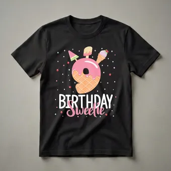 9th Birthday Sweetie Ice Cream Cone Graphic T-Shirt for Girls