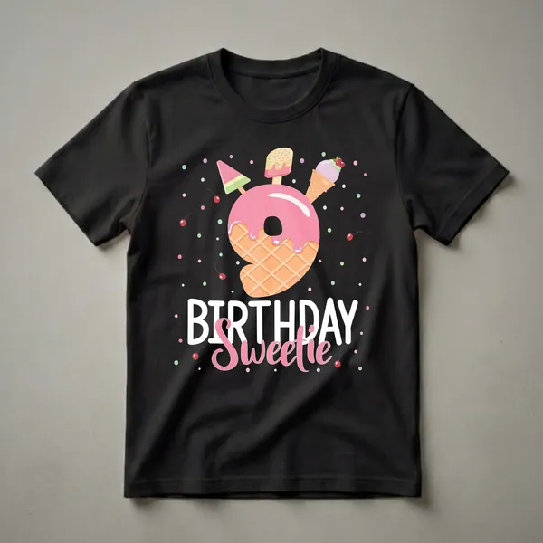 Black t-shirt featuring a "9th Birthday Sweetie" graphic with a large number 9 made of waffle cone and pink frosting, topped with ice cream, popsicles, and surrounded by colorful polka dots and cherries.