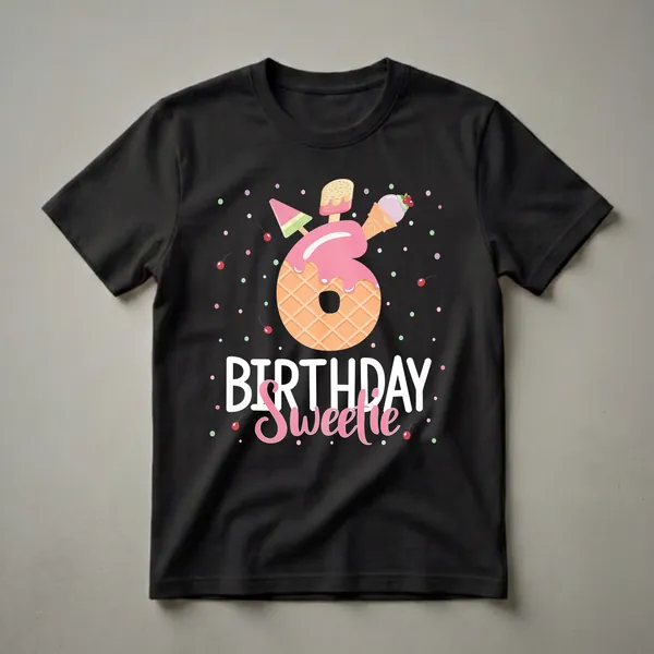 Black t-shirt featuring a large number 6 decorated with pink frosting, ice cream cones, and popsicles, with the words 'Birthday Sweetie' below, surrounded by colorful polka dots and cherries.
