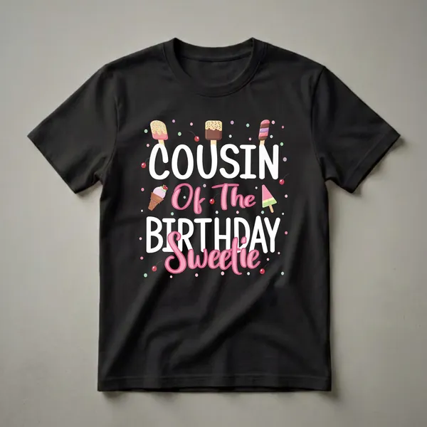 Black t-shirt with "Cousin Of The Birthday Sweetie" text surrounded by colorful ice cream cones, popsicles, cherries, and confetti dots.