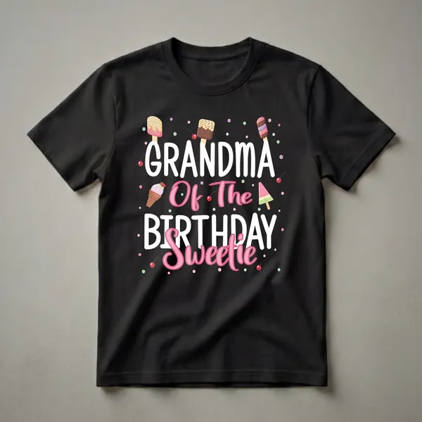 Black t-shirt with white and pink text that reads 'Grandma Of The Birthday Sweetie', surrounded by colorful ice cream popsicles, ice cream cones, cherries, and polka dots.