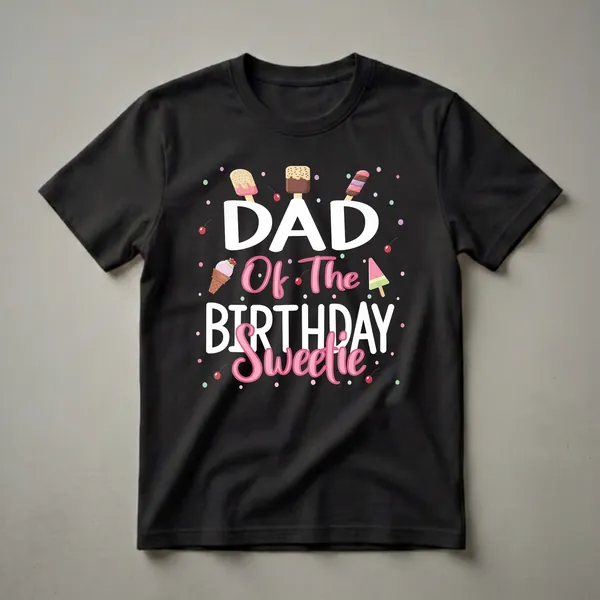 Black t-shirt with white and pink text that says 'DAD OF THE BIRTHDAY Sweetie' surrounded by colorful ice cream popsicles, an ice cream cone, and cherries.
