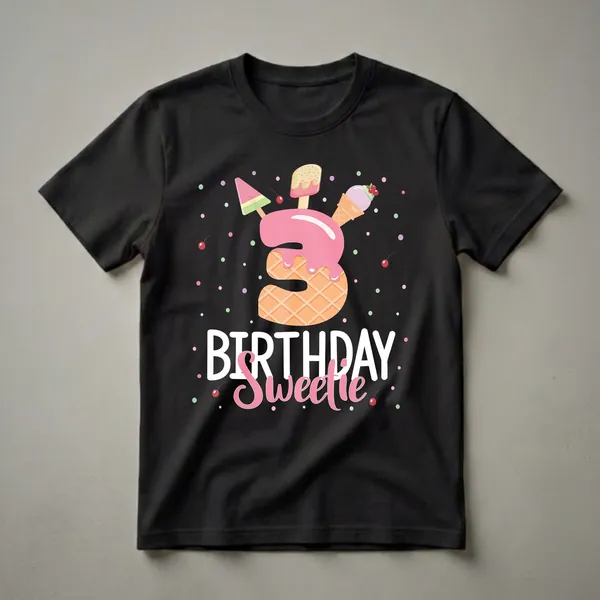 Black t-shirt featuring a large number '3' designed as an ice cream cone with pink frosting and various ice cream treats, with the words 'Birthday Sweetie' below, surrounded by colorful confetti.