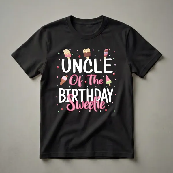 Black t-shirt featuring the text 'UNCLE Of The BIRTHDAY Sweetie' surrounded by colorful ice cream popsicles, an ice cream cone, and confetti dots.