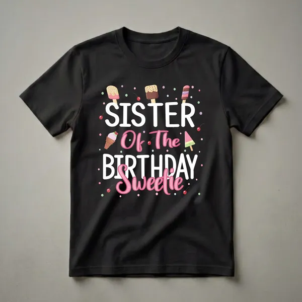 Black t-shirt with white and pink text reading 'Sister Of The Birthday Sweetie' surrounded by colorful ice cream, popsicles, cherries, and confetti.