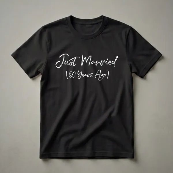 Black t-shirt with white brush script text that reads 'Just Married 50 Years Ago'.