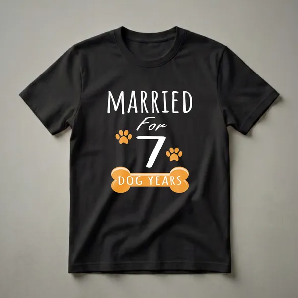 Black t-shirt with white text reading 'MARRIED For 7' and orange graphics of paw prints and a dog bone with 'DOG YEARS' written on it.