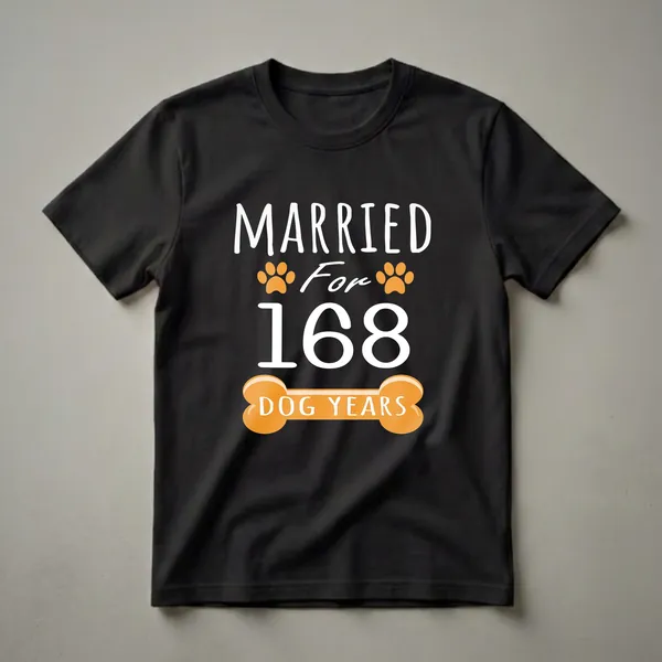 Black t-shirt with white text reading 'MARRIED For 168 DOG YEARS' and orange paw prints and a dog bone graphic.