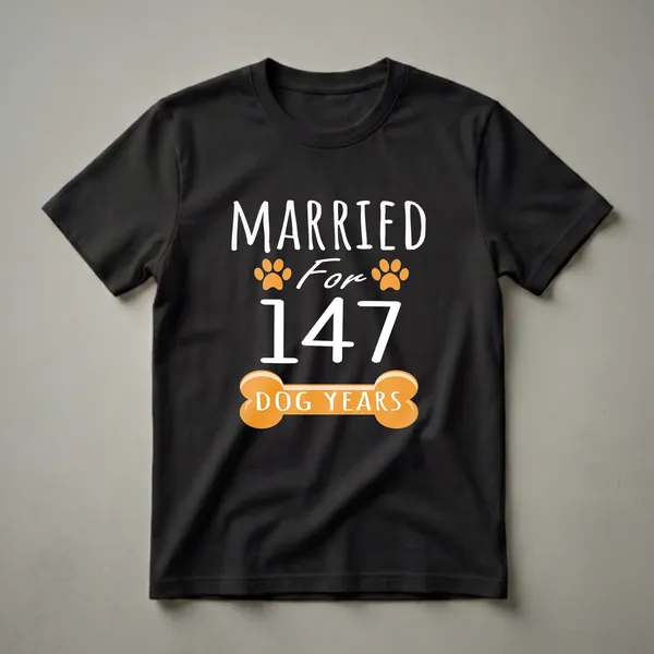 Black t-shirt with white text 'MARRIED For 147 DOG YEARS' and orange paw prints and a dog bone graphic.