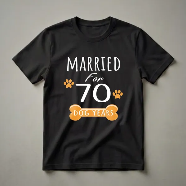 Black t-shirt with white outlined letters reading MARRIED For 70, two orange paw prints, and a large orange dog bone below reading DOG YEARS in white.